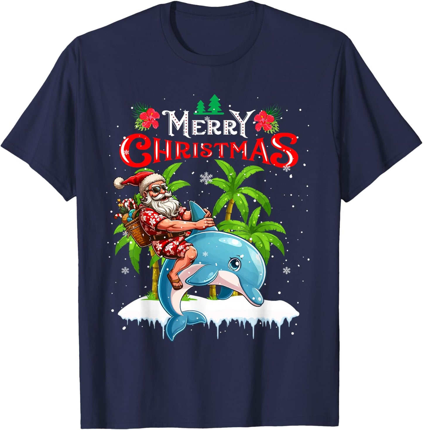 Merry Christmas Hawaiian Santa Sunglasses Riding Dolphin T-Shirt - T-Shirt | Navy