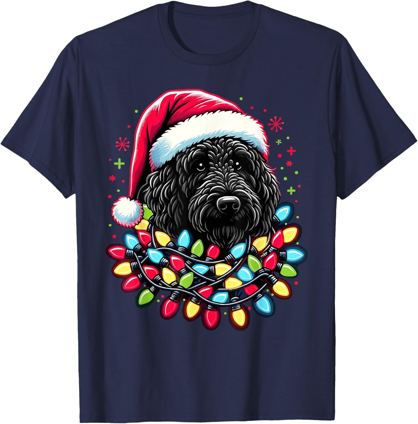 Black Labradoodle Christmas Tree Xmas Lights Doodle Dog T-Shirt - T-Shirt | Navy