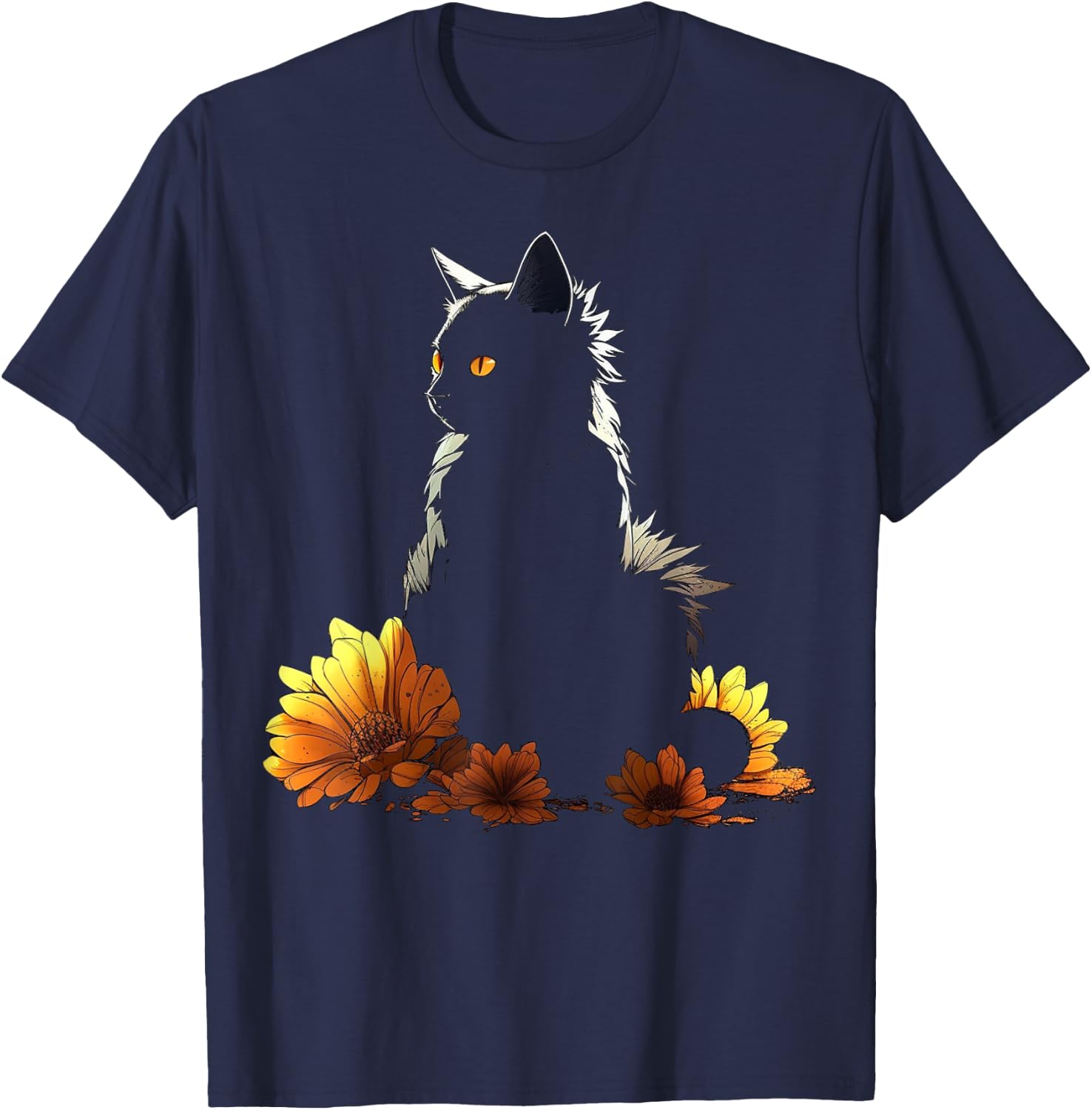Cat Flowers Artwork - Cat Motif Animal T-Shirt - T-Shirt | Navy