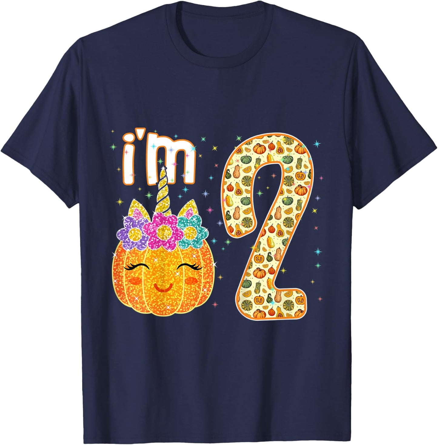 Kids Kids Im 2 Years Old Unicorn Pumpkin Halloween 2nd Birthday T-Shirt - T-Shirt | Navy