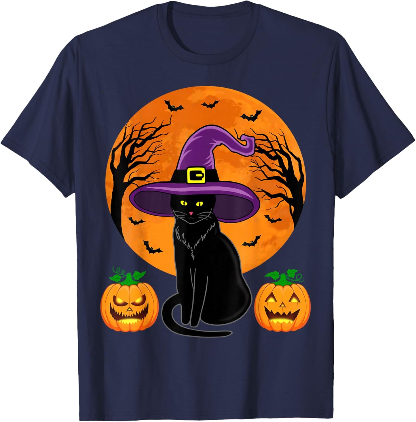 Retro Black Cat Halloween Pumpkin Costume Women Kids Girls T-Shirt - T-Shirt | Navy