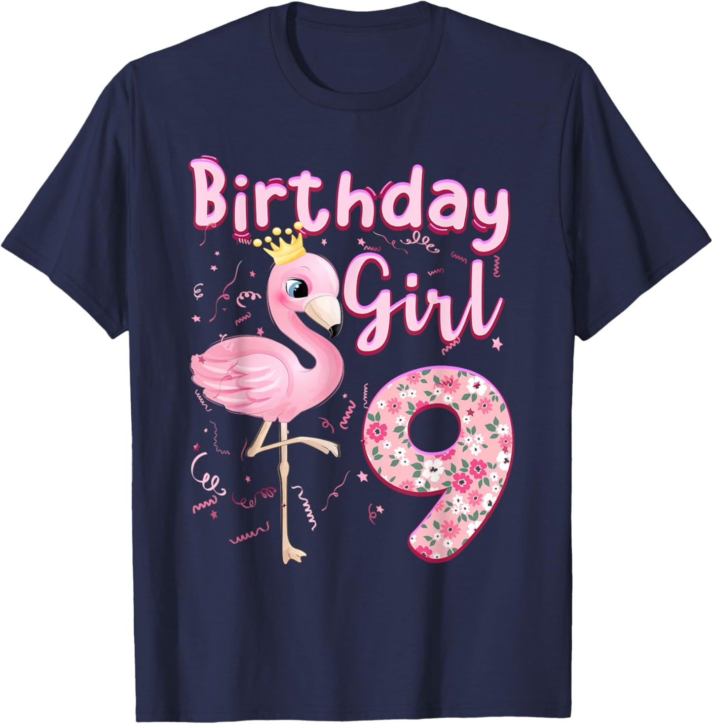 9th Birthday Girls Flamingo 9 Years Old Tropical Flamingo T-Shirt - T-Shirt | Navy