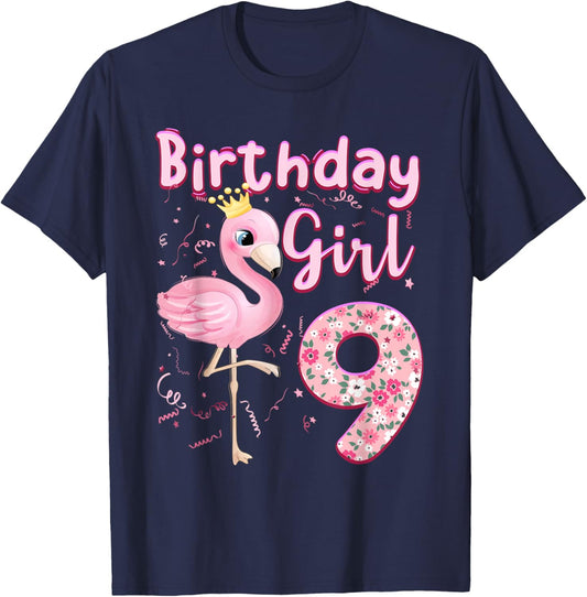 9th Birthday Girls Flamingo 9 Years Old Tropical Flamingo T-Shirt - T-Shirt | Navy