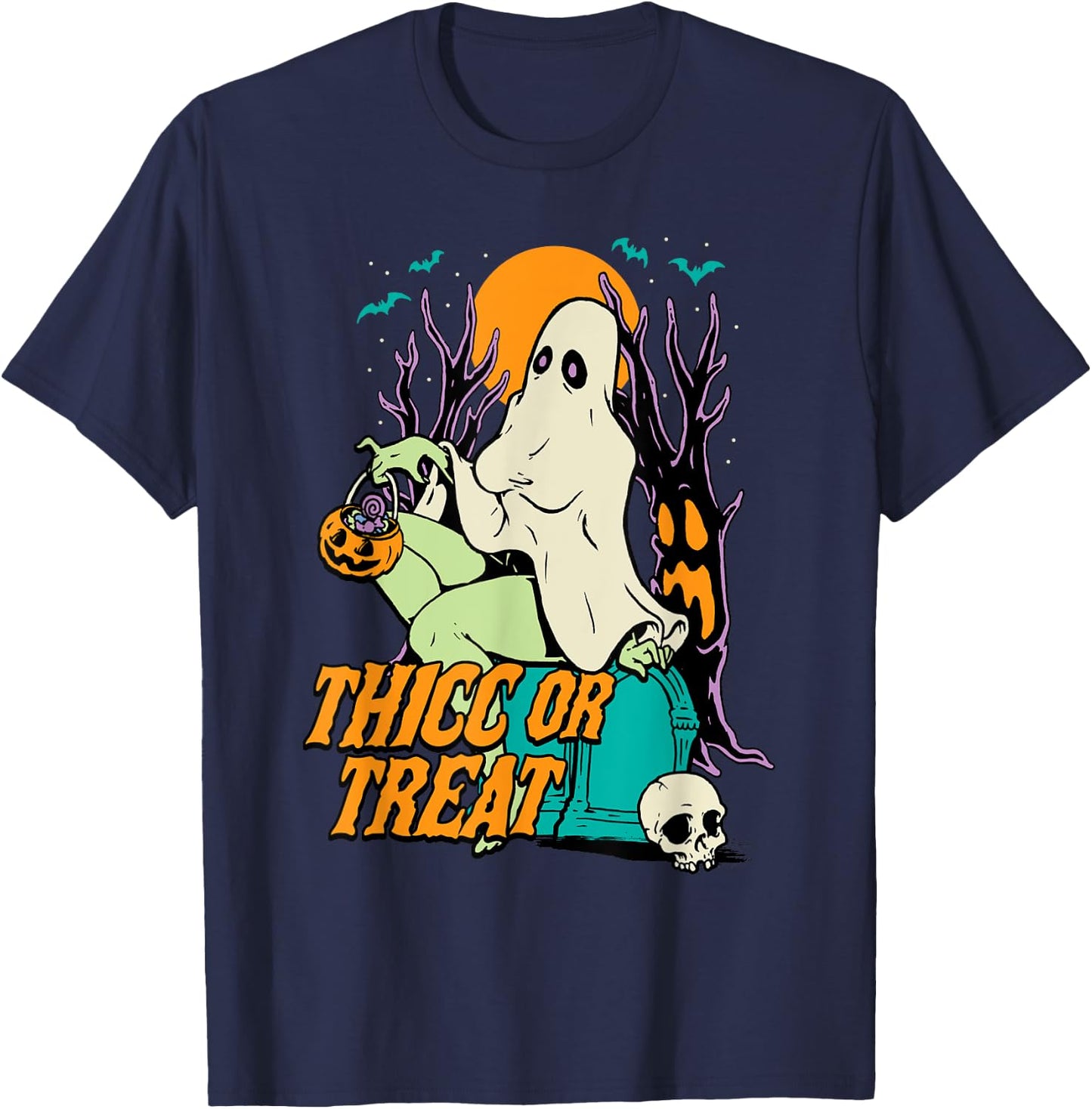 Thicc or Treat Halloween Lady Ghost Sexy Pinup BBW T-Shirt - T-Shirt | Navy