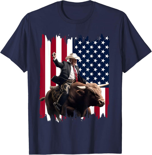 Trump Rodeo Bull Rider Patriotic American Flag 4Th Of July T-Shirt - T-Shirt | Navy