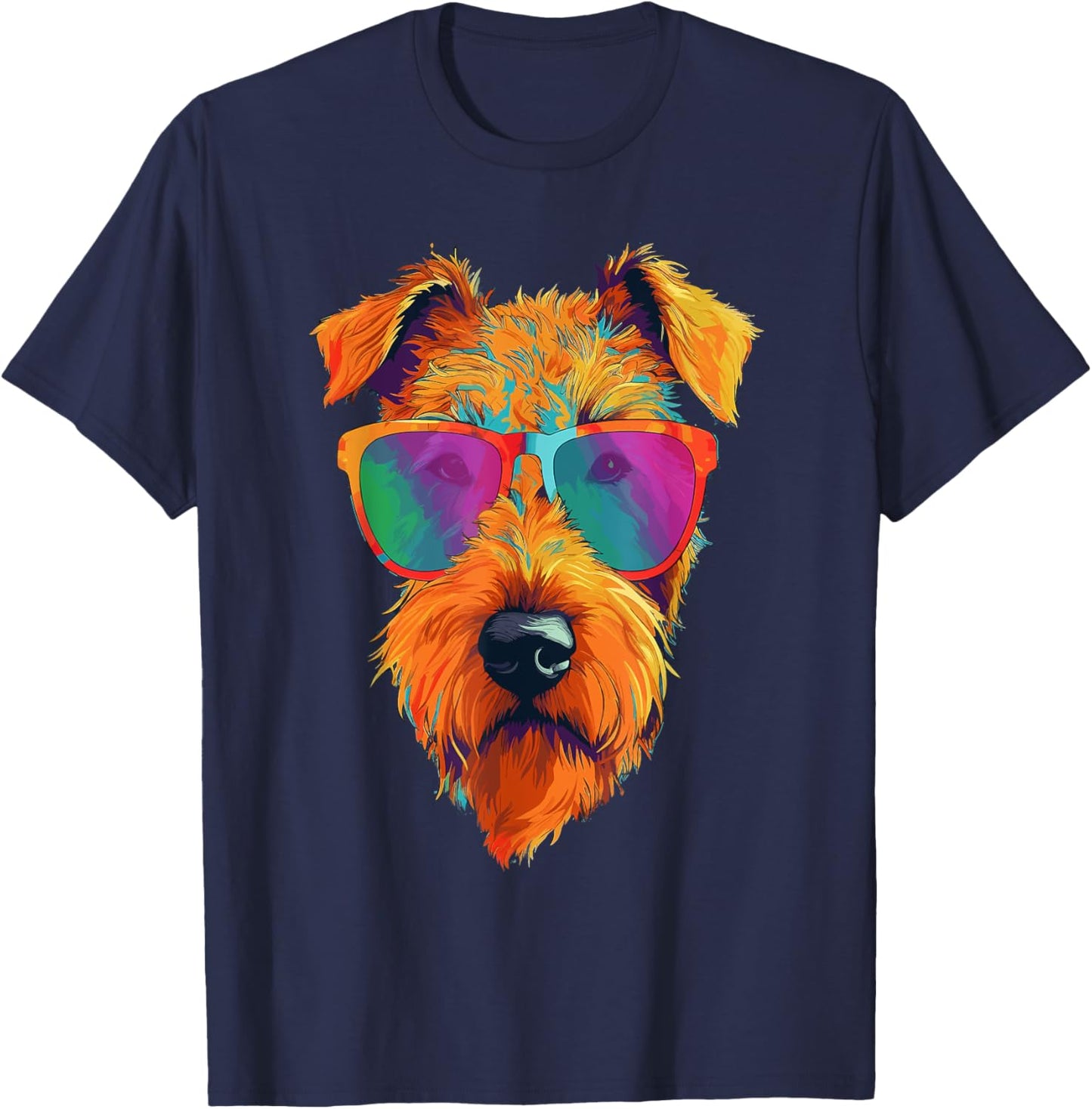 Colorful Pop Art Airedale Terrier Wearing Sunglasses Face T-Shirt - T-Shirt | Navy