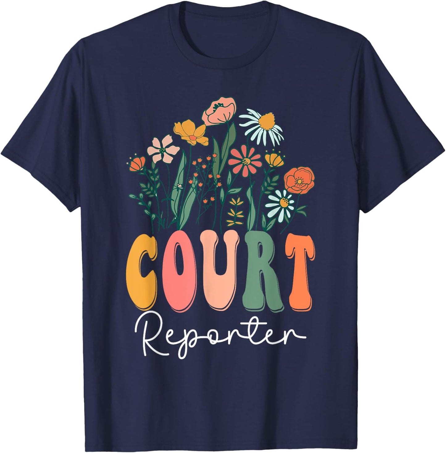 Retro Groovy floral Court Reporter Wildflower T-Shirt - T-Shirt | Navy
