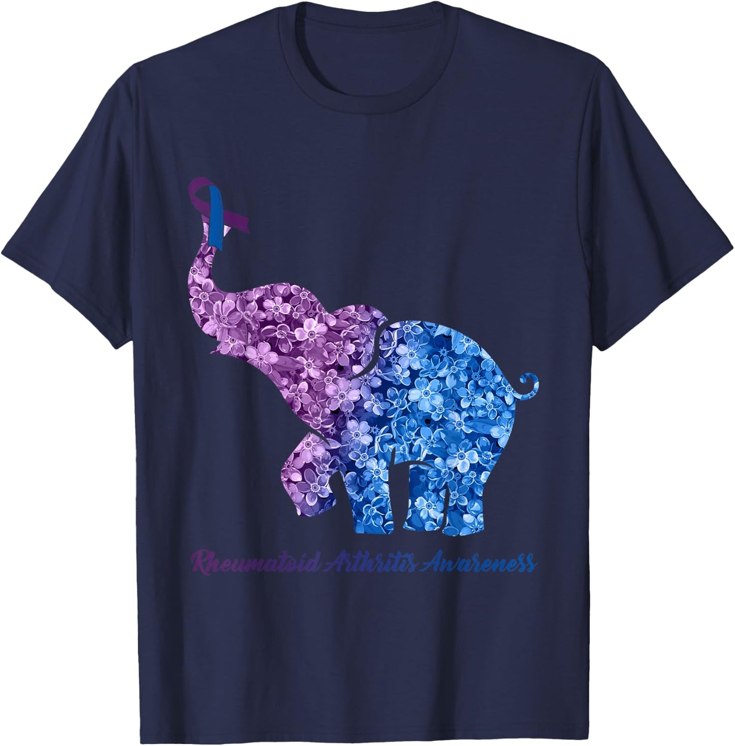 Elephant With Flower Rheumatoid Arthritis Awareness Ribbon T-Shirt - T-Shirt | Navy