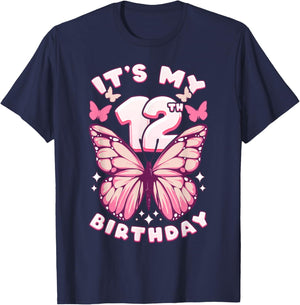 12th Birthday Girl 12 Years Old Butterflies Number 12 T-Shirt - T-Shirt | Navy