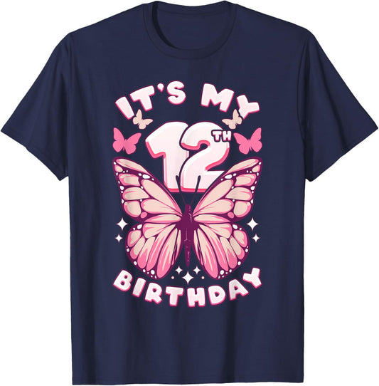 12th Birthday Girl 12 Years Old Butterflies Number 12 T-Shirt - T-Shirt | Navy