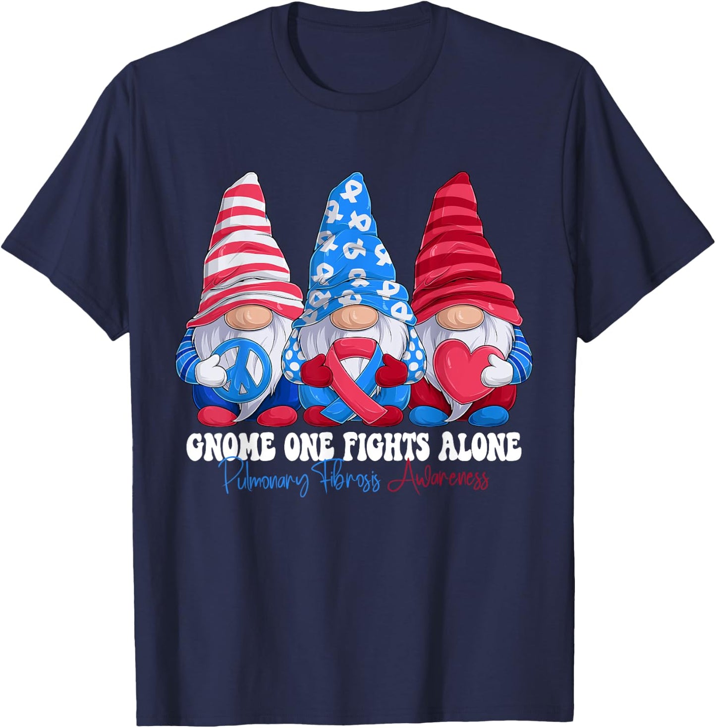 Funny Gnomies Pulmonary Fibrosis Awareness Month Ribbon T-Shirt - T-Shirt | Navy