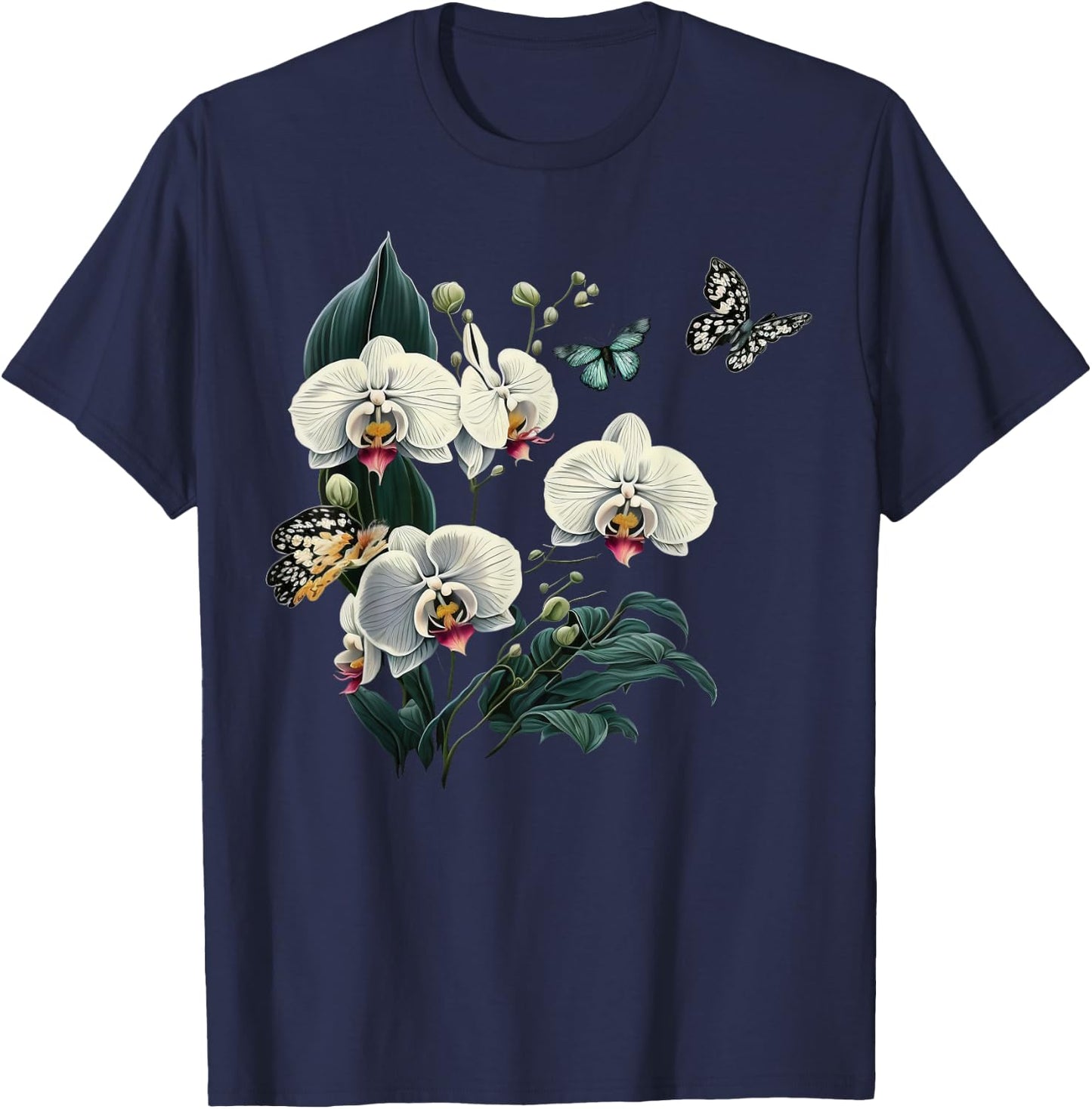 Beautiful Butterfly Orchids on Boho Orchid T-Shirt - T-Shirt | Navy