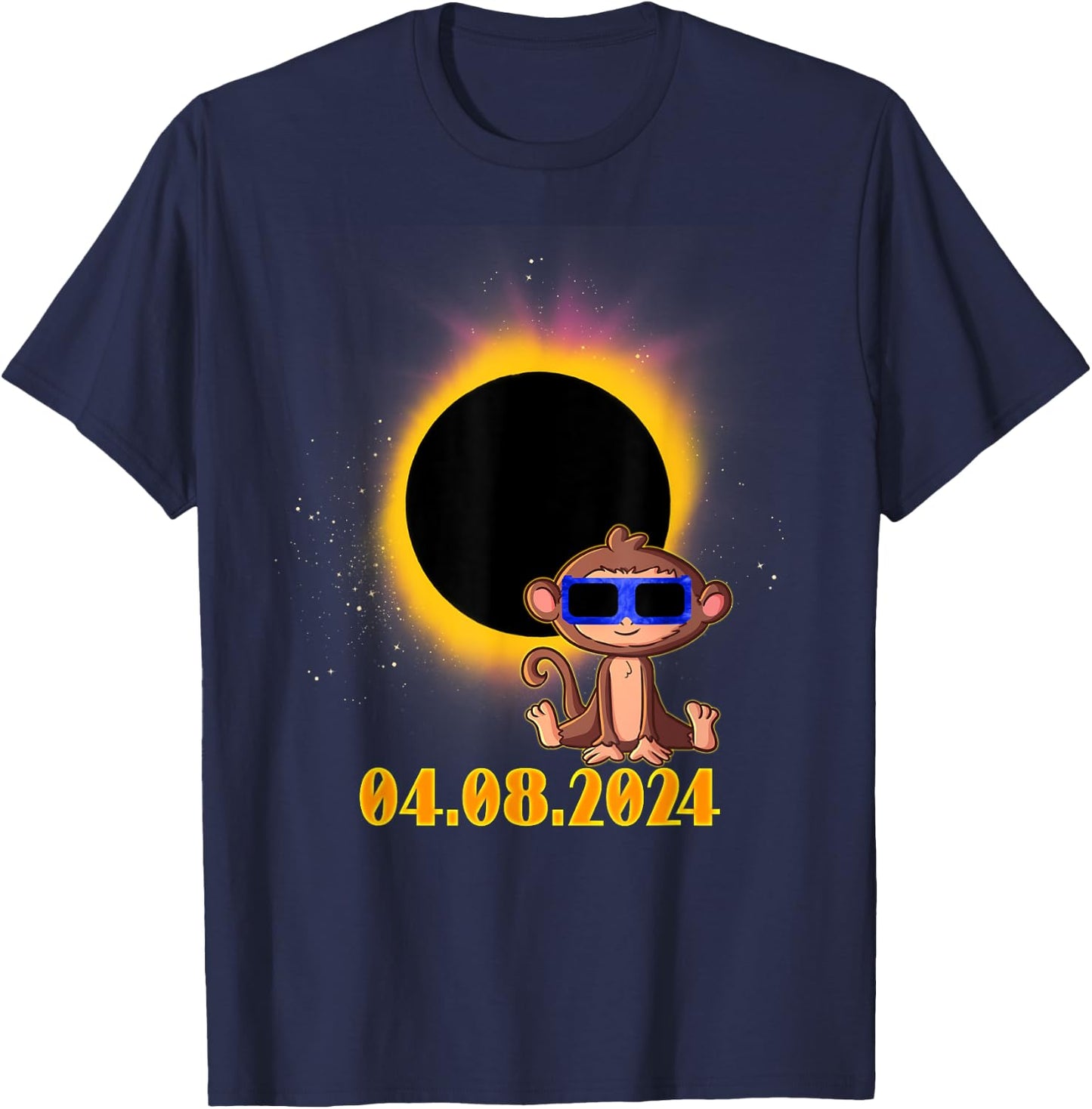 Solar Eclipse 2024 Monkey with Solar Eclipse Glasses T-Shirt - T-Shirt | Navy