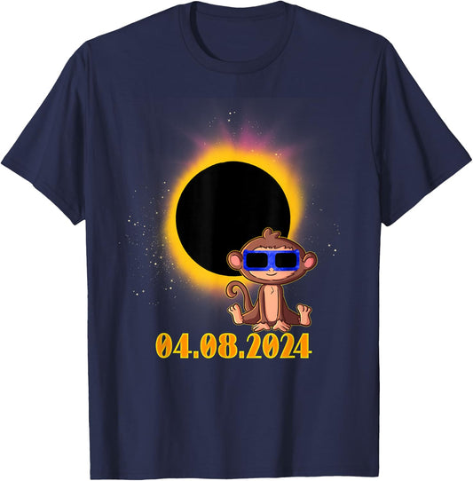 Solar Eclipse 2024 Monkey with Solar Eclipse Glasses T-Shirt - T-Shirt | Navy