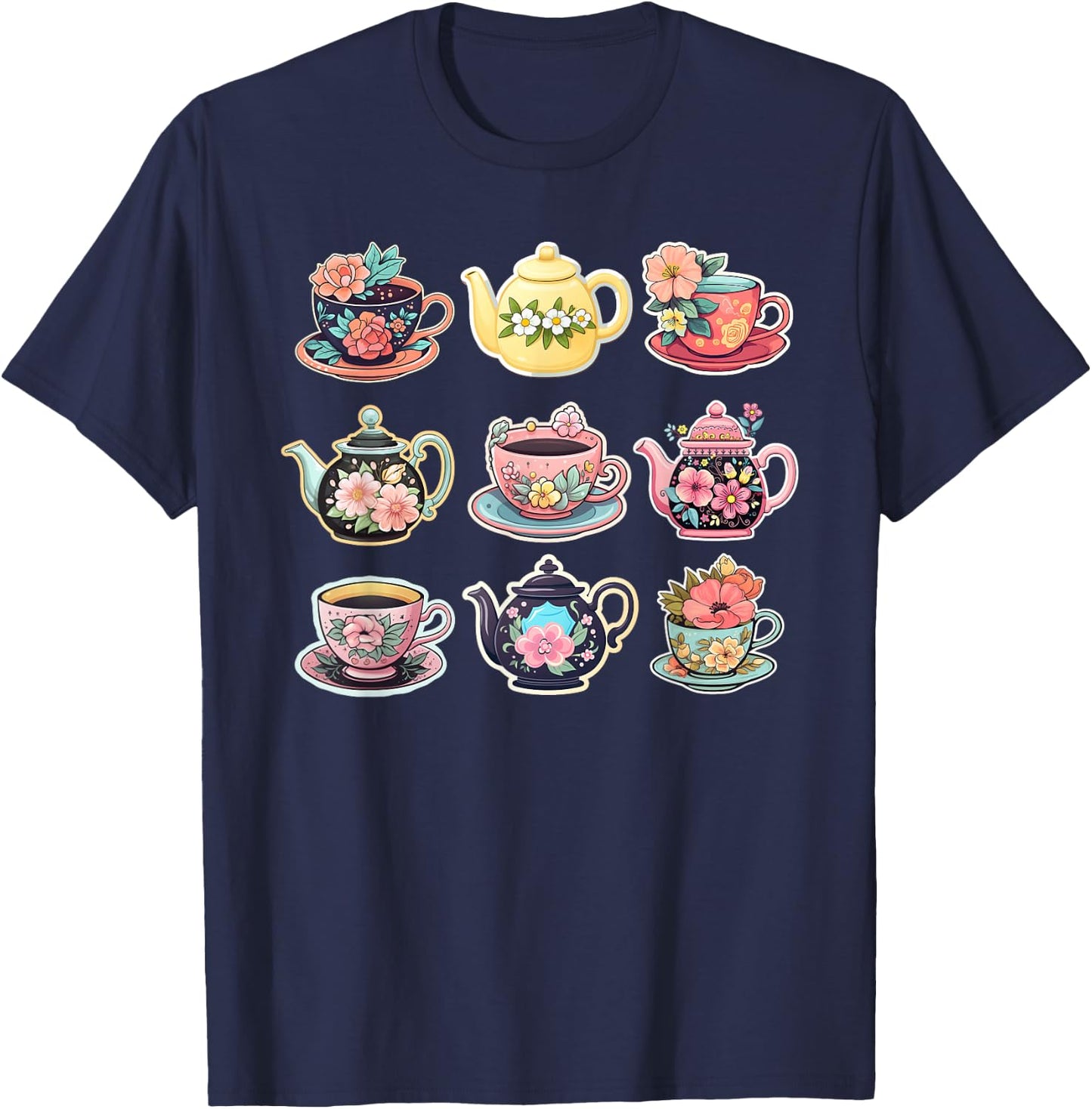 Teapot and Tea Cups With Flowers T-Shirt - T-Shirt | Navy