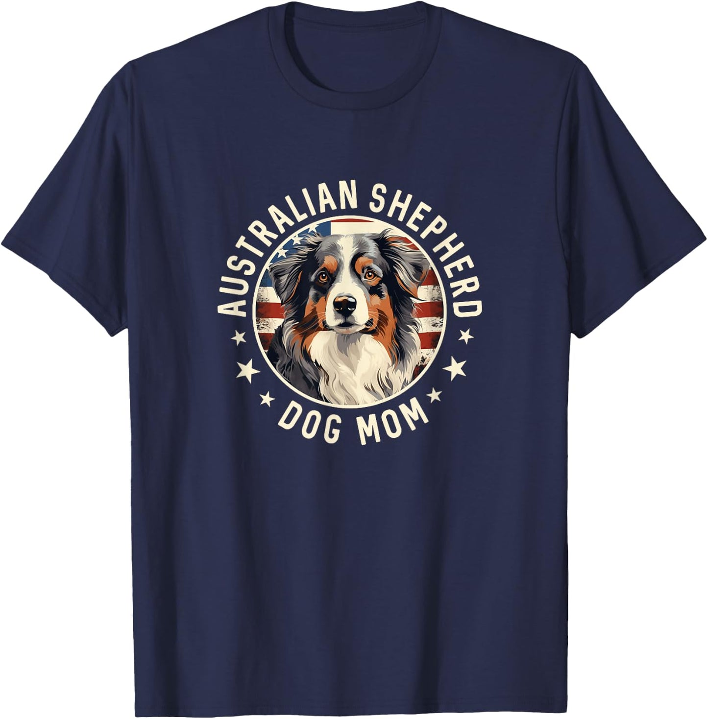 Aussie Dog American Flag, Australian Shepherd Dog Mom T-Shirt - T-Shirt | Navy