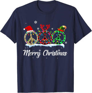 Hippie Peace Sign Santa Hat Reindeer Merry Christmas T-Shirt - T-Shirt | Navy