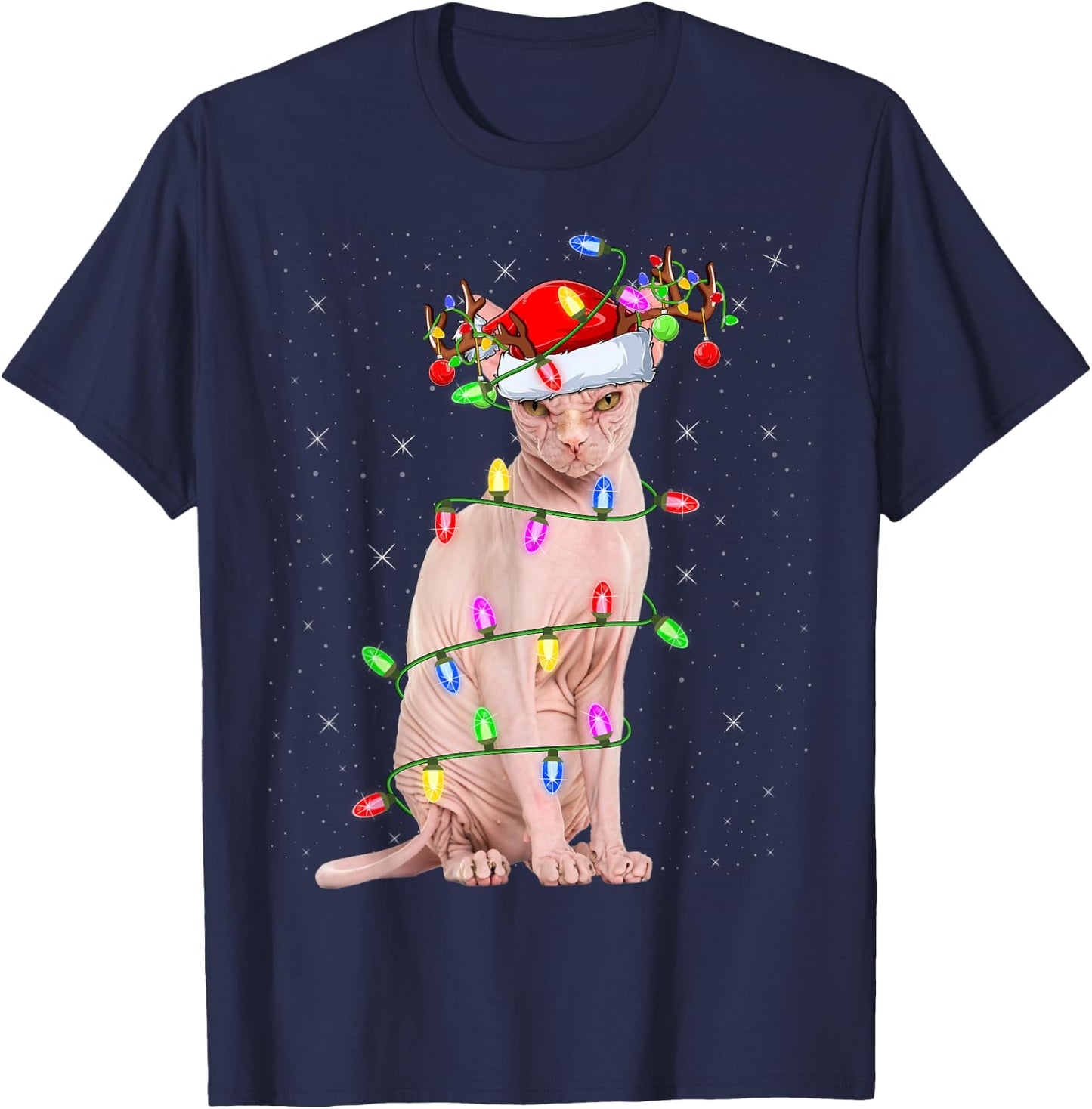 Sphynx Cat Lover Xmas Lighting Santa Sphynx Cat Christmas T-Shirt - T-Shirt | Navy