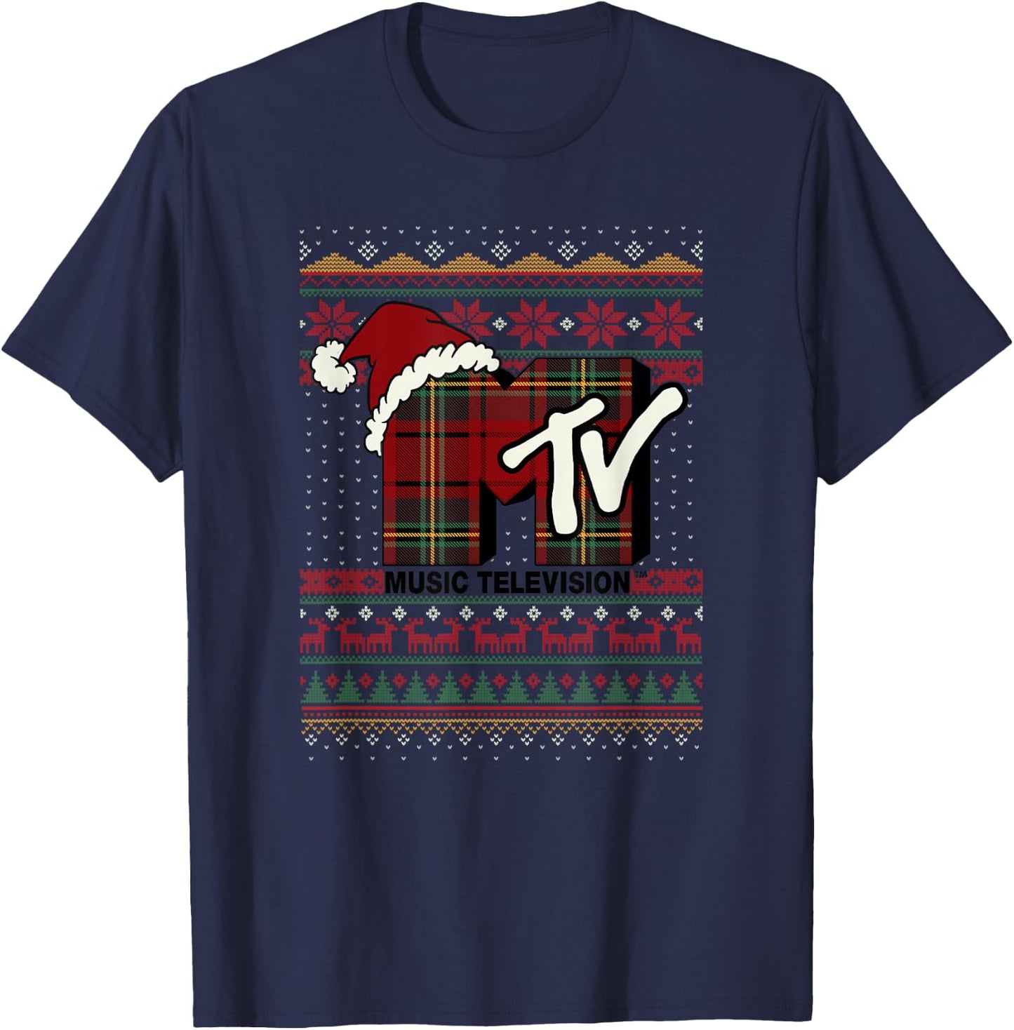 MTV Christmas Plaid Ugly Sweater Logo T-Shirt - T-Shirt | Navy