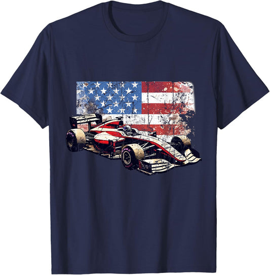 Vintage Auto Racing Car American Flag 4th of July, Auto Race T-Shirt - T-Shirt | Navy