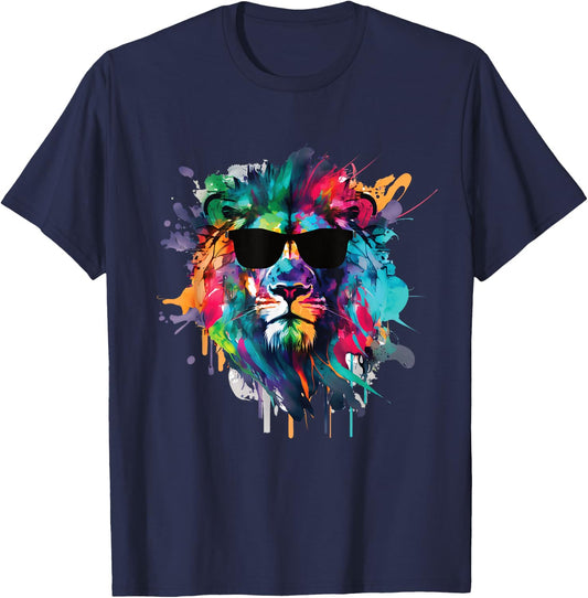 African Lion s Cool Water Color s Lion with Sun Glasses T-Shirt - T-Shirt | Navy