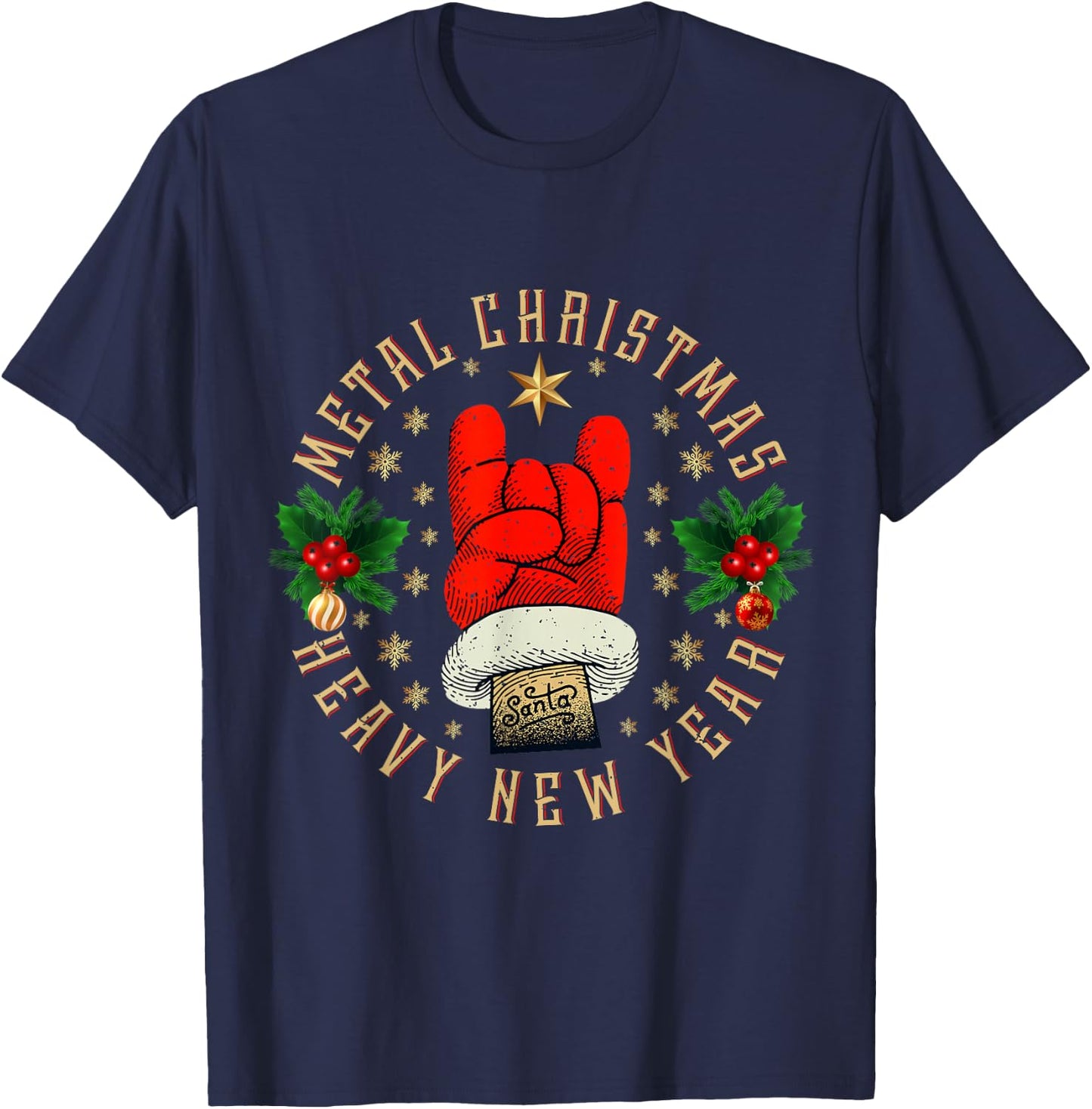 Metal Christmas Heavy New Year, Rock & Roll Santa Clause T-Shirt - T-Shirt | Navy