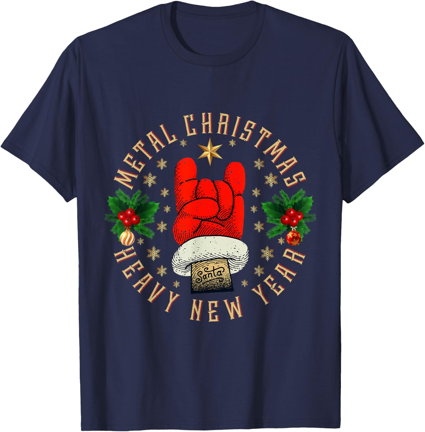 Metal Christmas Heavy New Year, Rock & Roll Santa Clause T-Shirt - T-Shirt | Navy