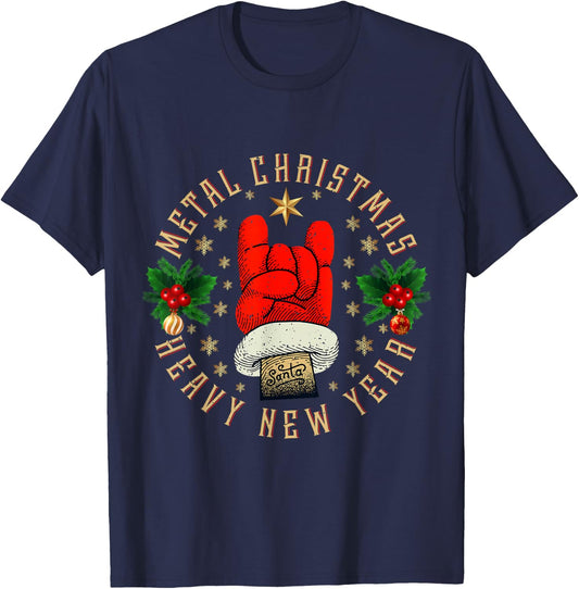 Metal Christmas Heavy New Year, Rock & Roll Santa Clause T-Shirt - T-Shirt | Navy