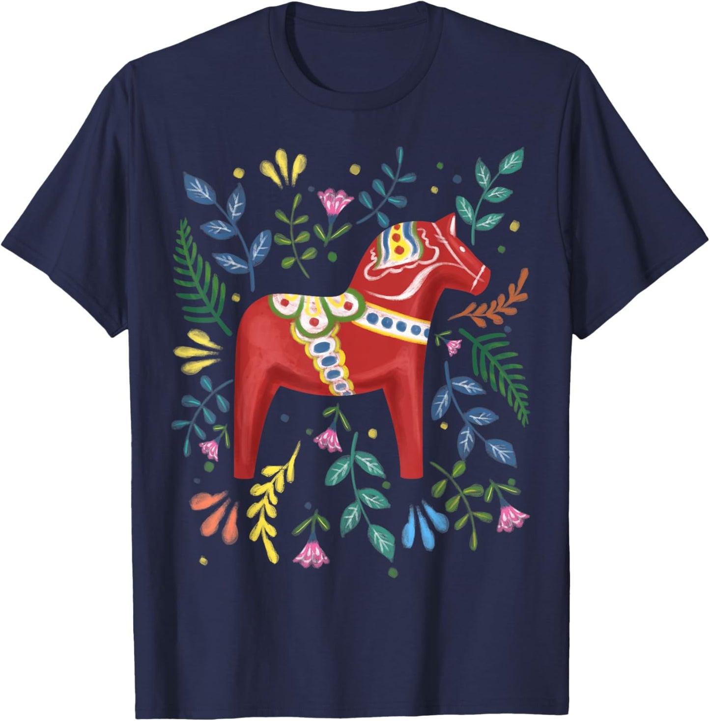 Swedish Dala Horse Folk Art Sweden Flag Dalahelmsoljd T-Shirt - T-Shirt | Navy