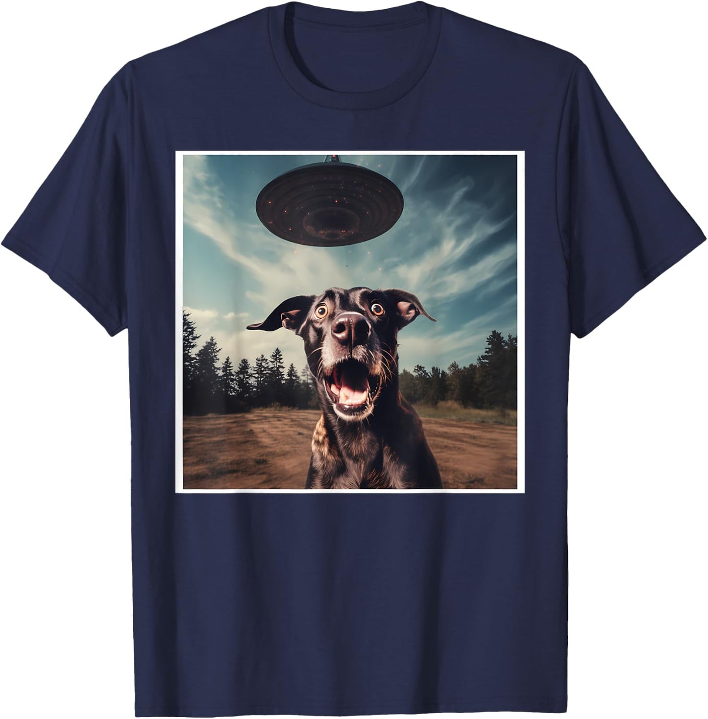 Dog Selfie with UFOs Alien Extraterrestrial UFO Believer Men Women T-Shirt - T-Shirt | Navy