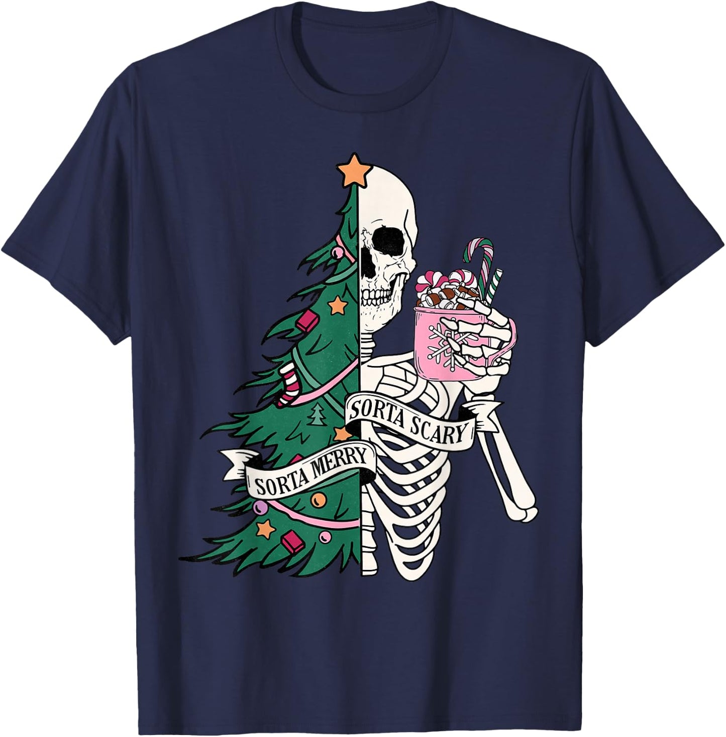 Funny Christmas Sorta Merry Sorta Scary Skeleton Xmas Tree T-Shirt - T-Shirt | Navy