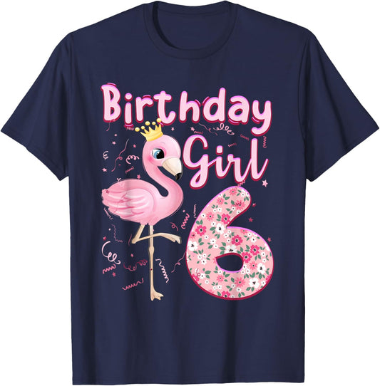 6th Birthday Girls Flamingo 6 Years Old Tropical Flamingo T-Shirt - T-Shirt | Navy