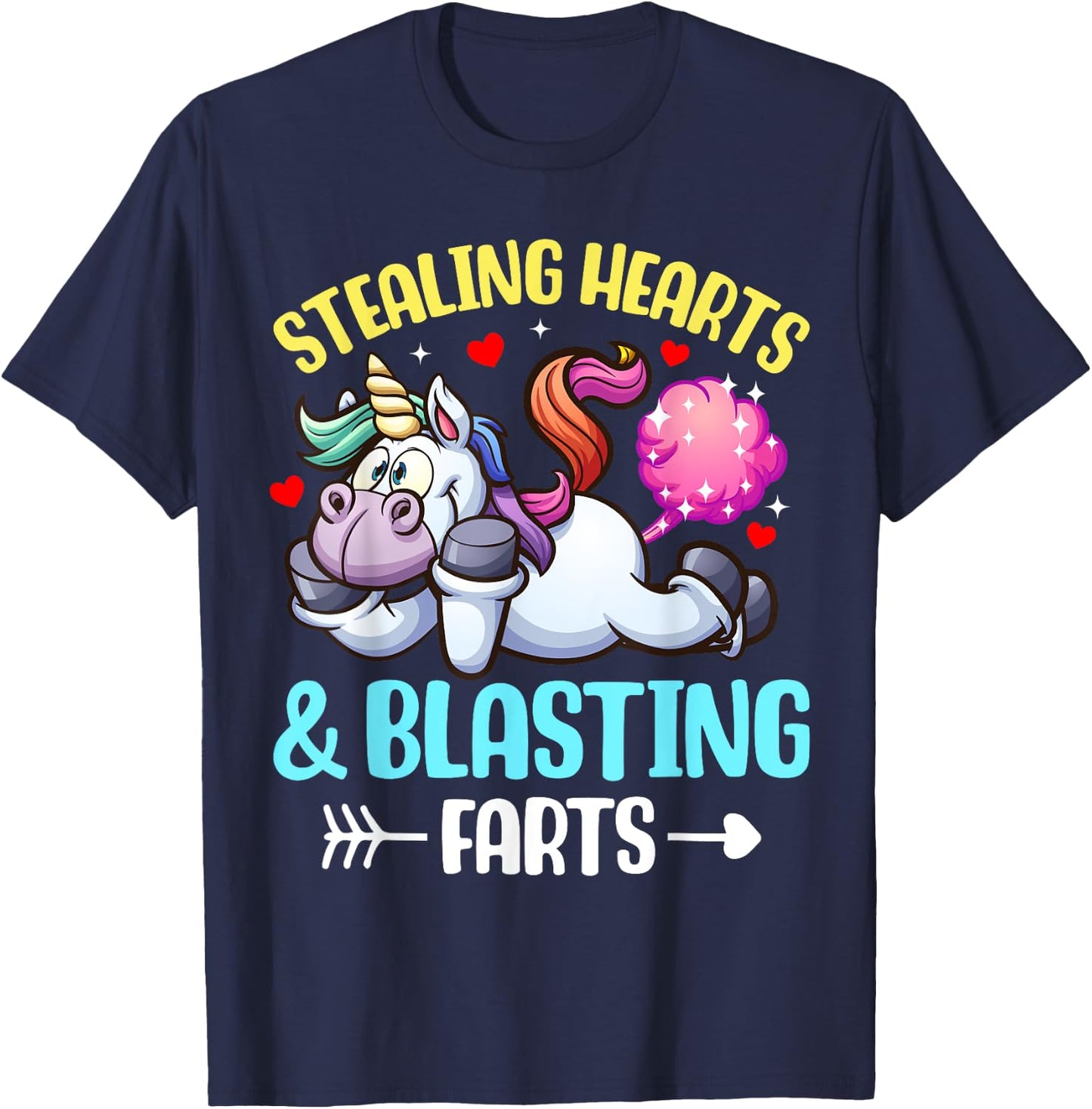 Stealing Hearts And Blasting Farts Fantasy Unicorn Gag T-Shirt - T-Shirt | Navy