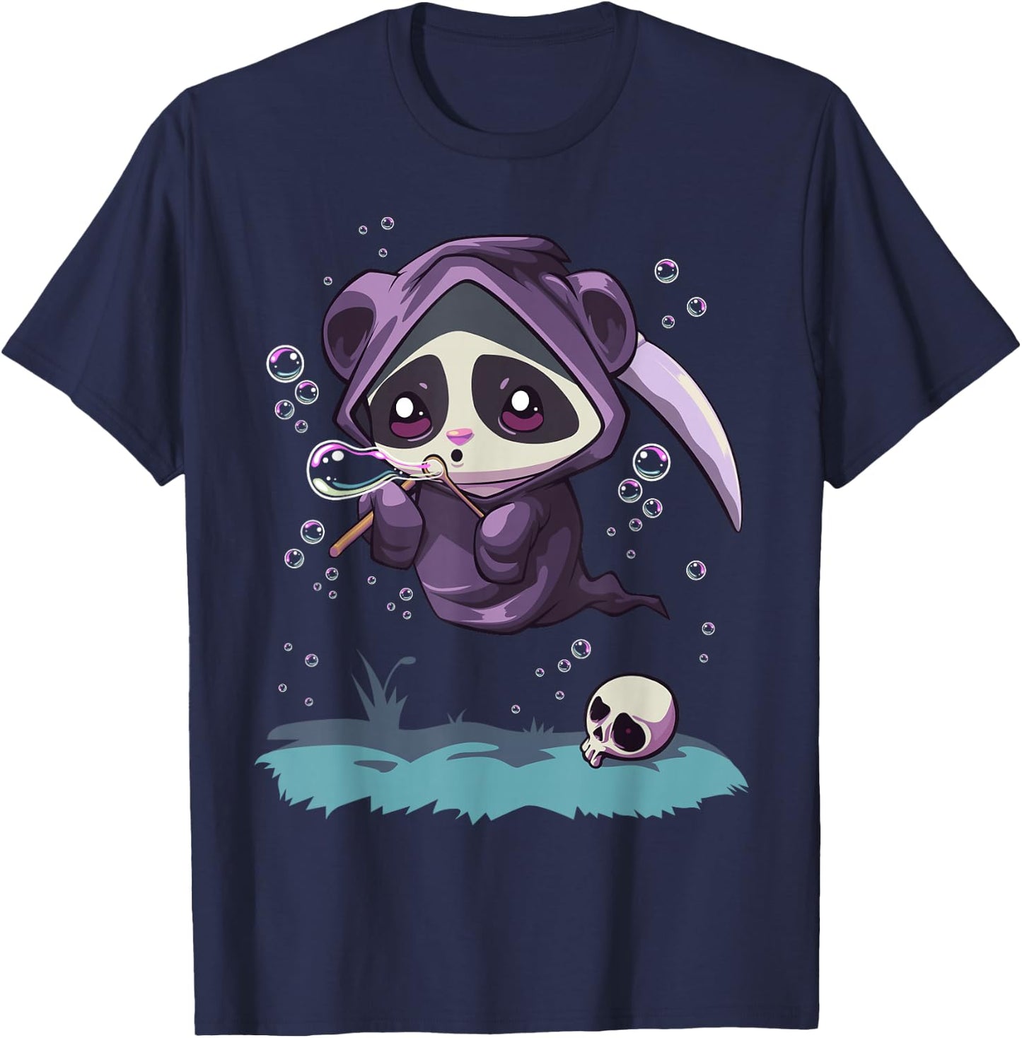 Pastel Goth Kawaii Panda Bear Reaper with Bubbles T-Shirt - T-Shirt | Navy