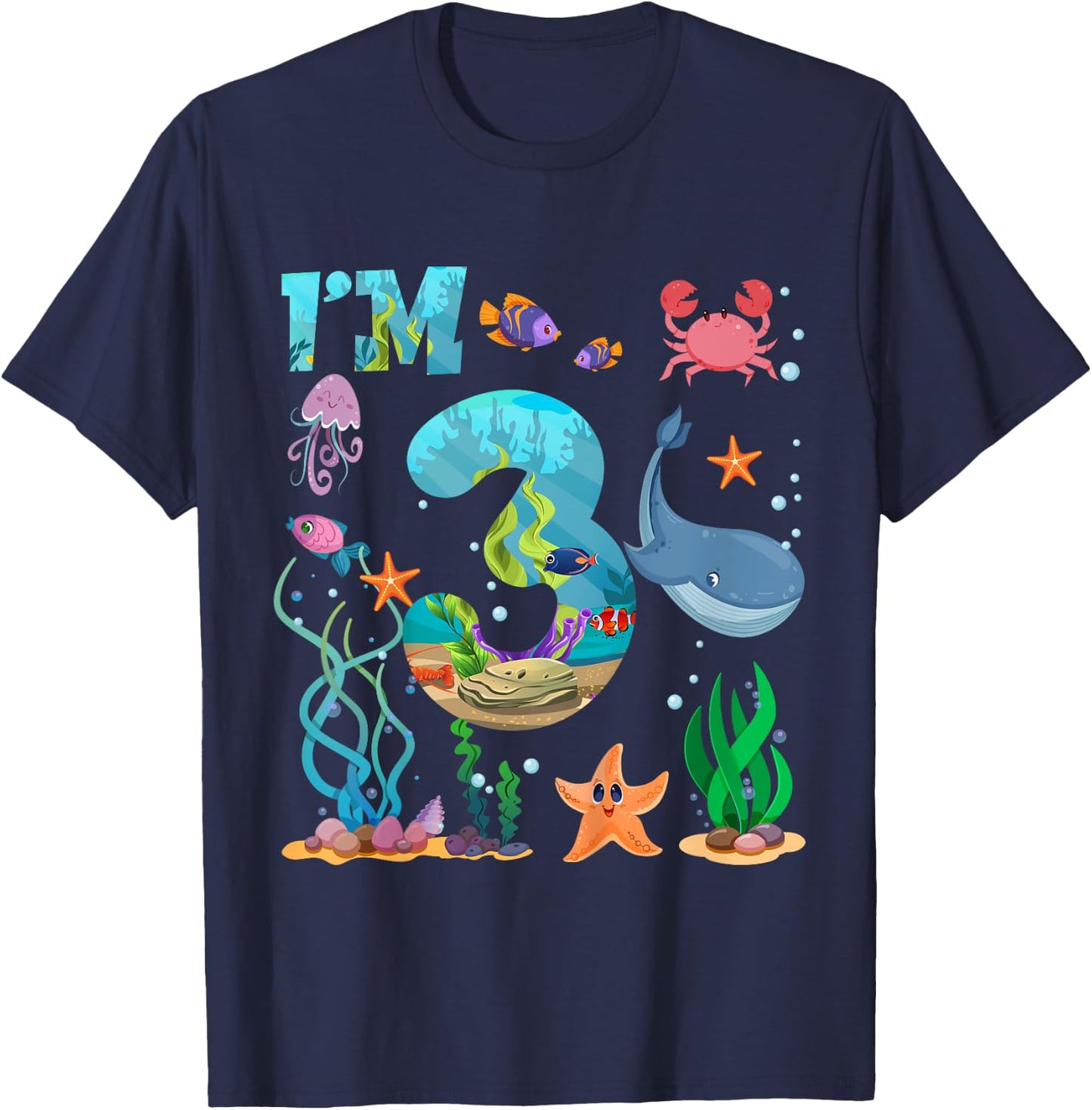 Kids 3 Year Old Boy Girl Sea Animals 3rd Birthday Kids T-Shirt - T-Shirt | Navy