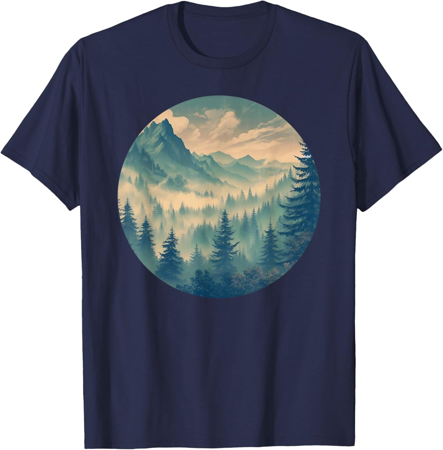 Foggy Forest Pine Tree Woods Green Nature T-Shirt - T-Shirt | Navy
