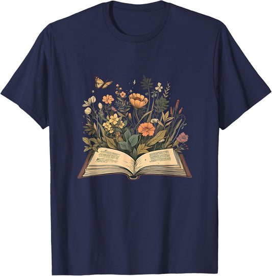 Women Book Lover Wildflowers Cottagecore Flowers Book T-Shirt - T-Shirt | Navy