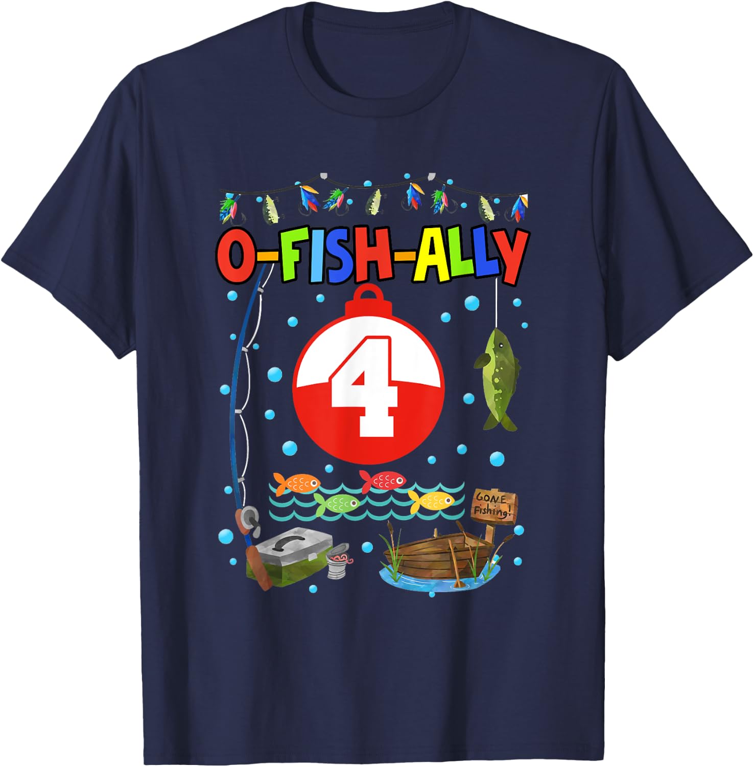 4 Year Old Fishing 4th Birthday Boy Bday Party Decorations T-Shirt - T-Shirt | Navy
