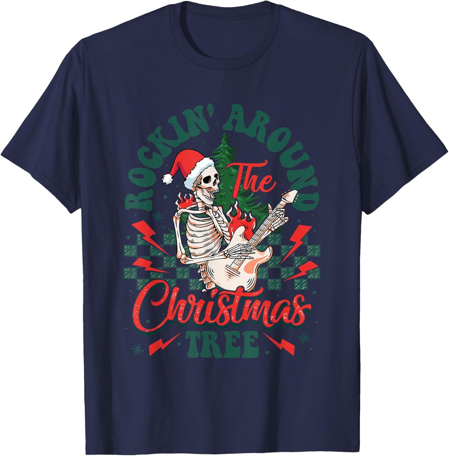 Retro Rockin Around The Christmas Tree Skeleton Plays Guitar T-Shirt - T-Shirt | Navy