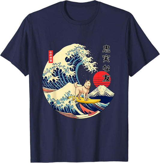 Korean Jindo Japanese Kanagawa Wave Surf Loyal Dog T-Shirt - T-Shirt | Navy