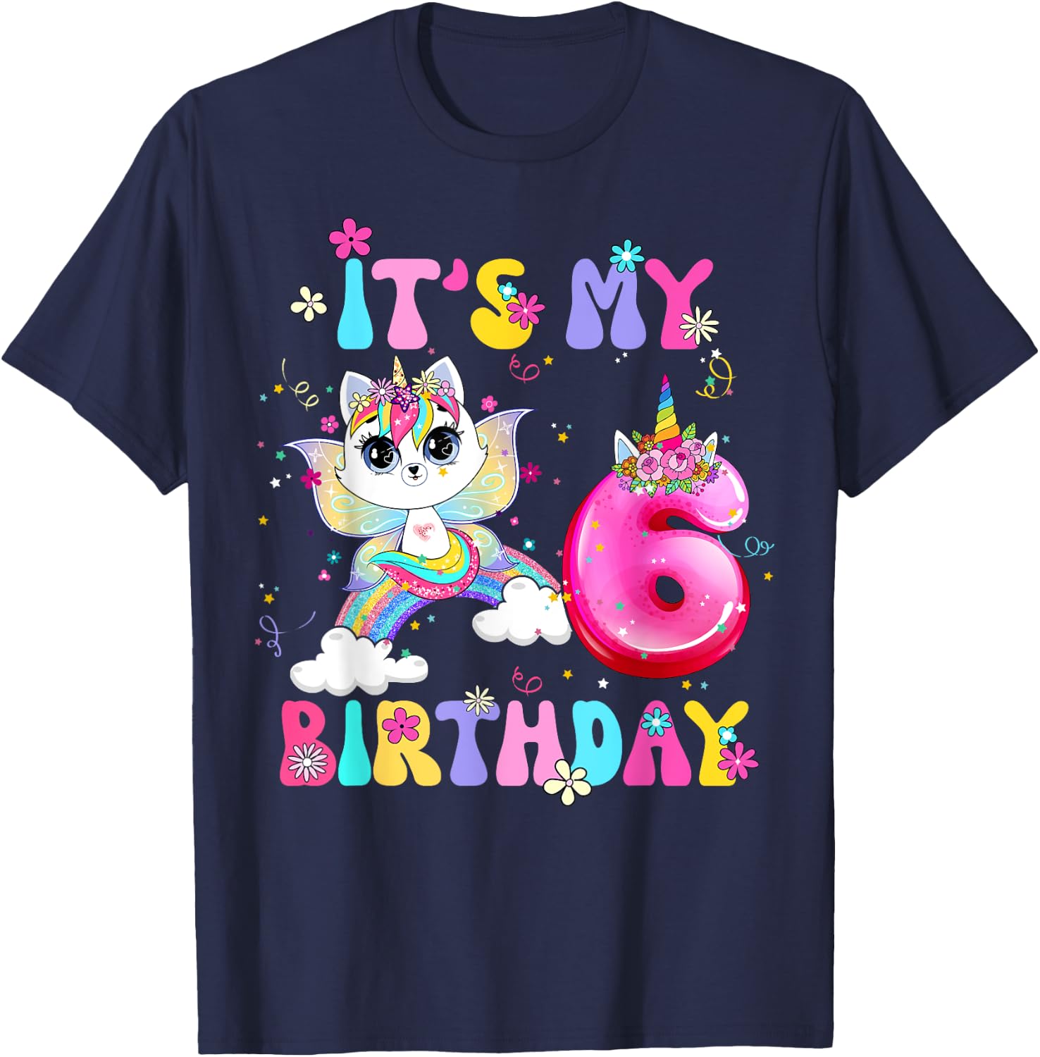 Kids 6th Birthday Cat Unicorn 6 Years Old Rainbow Girl Teens T-Shirt - T-Shirt | Navy