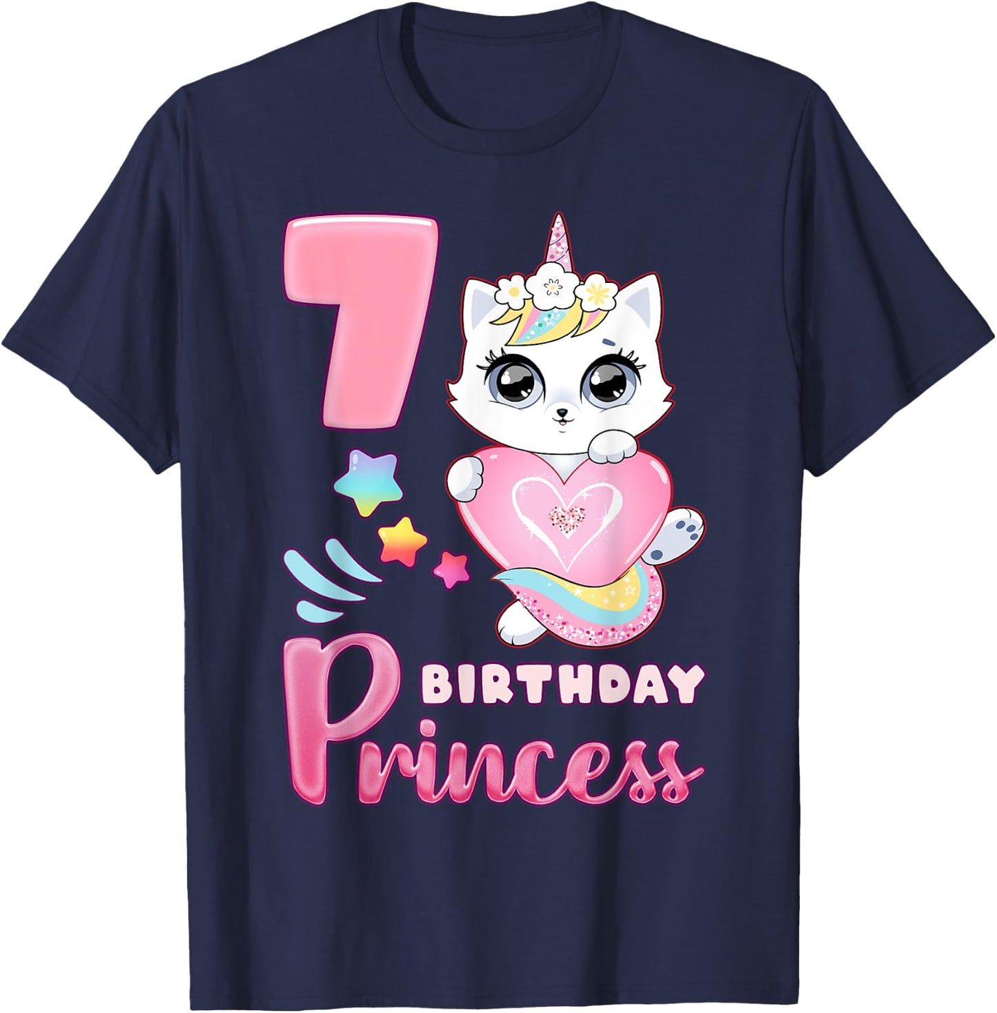 Girl, 7th birthday, unicorn cat, number 7 T-Shirt - T-Shirt | Navy
