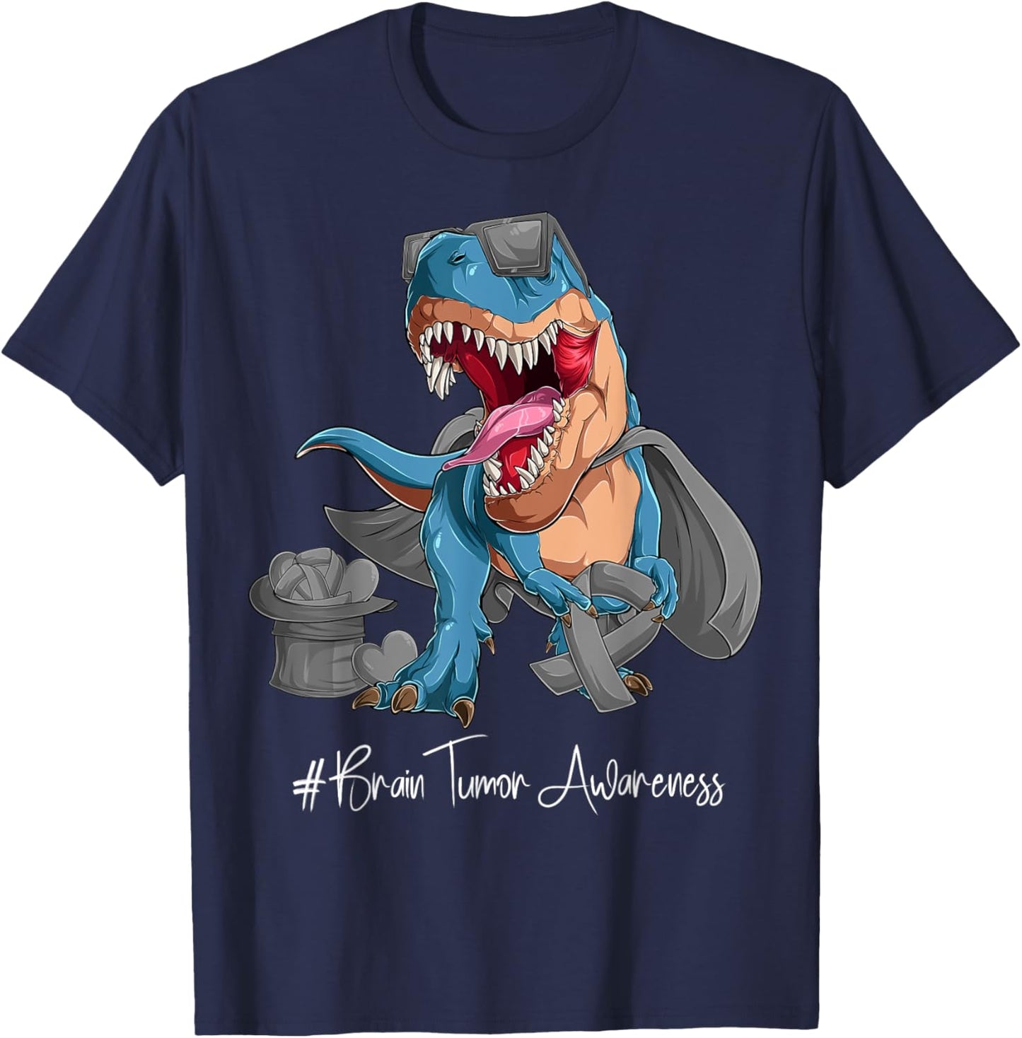 Brain Tumor Awareness Month Gray Ribbon Trex T-Shirt - T-Shirt | Navy