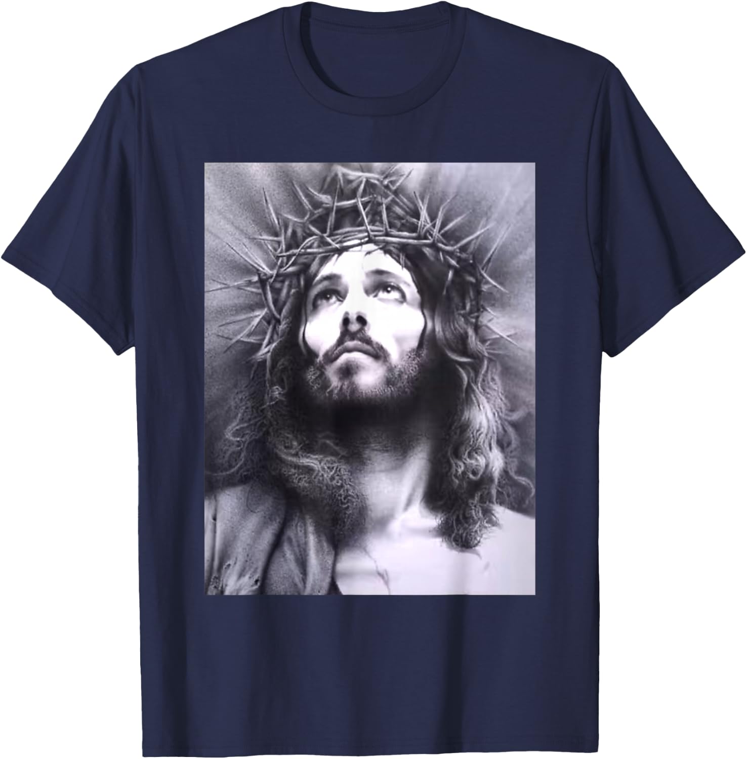 Image Face of Jesus On A Cross with Crown of Thorns T-Shirt - T-Shirt | Navy