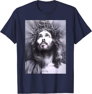 Image Face of Jesus On A Cross with Crown of Thorns T-Shirt - T-Shirt | Navy