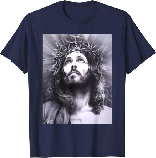 Image Face of Jesus On A Cross with Crown of Thorns T-Shirt - T-Shirt | Navy