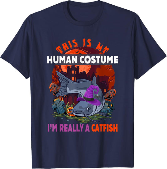 My Human Costume I'm Really A Catfish Halloween Witch T-Shirt - T-Shirt | Navy