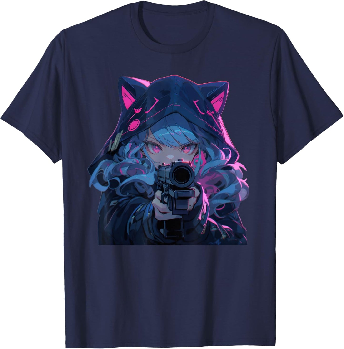 Cute Neko Anime Girl Assassin - Kawaii anime cat lover meow T-Shirt - T-Shirt | Navy