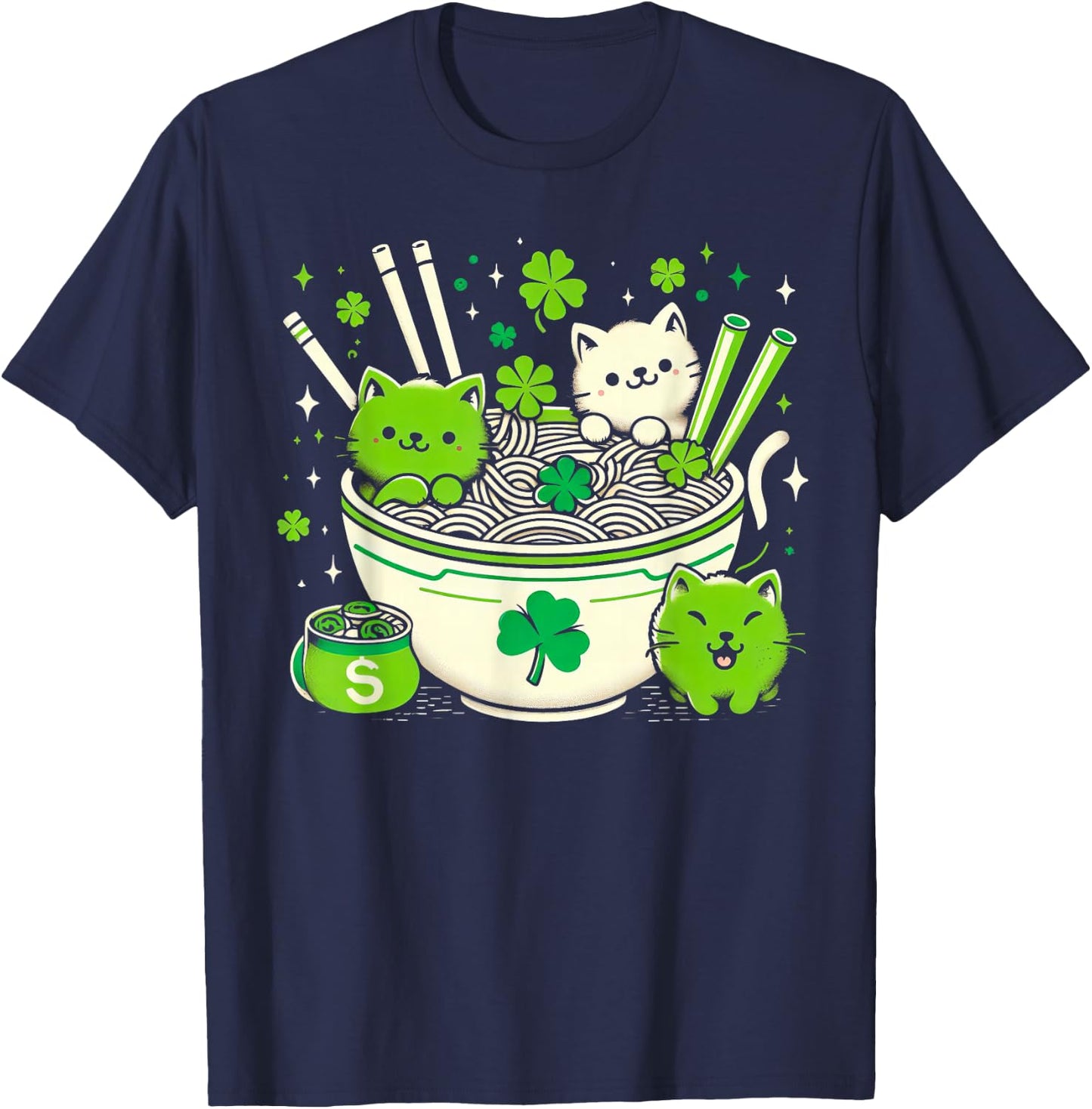 Irish Ramen Cats Cute Anime St Patrick's Day Women Girls T-Shirt - T-Shirt | Navy