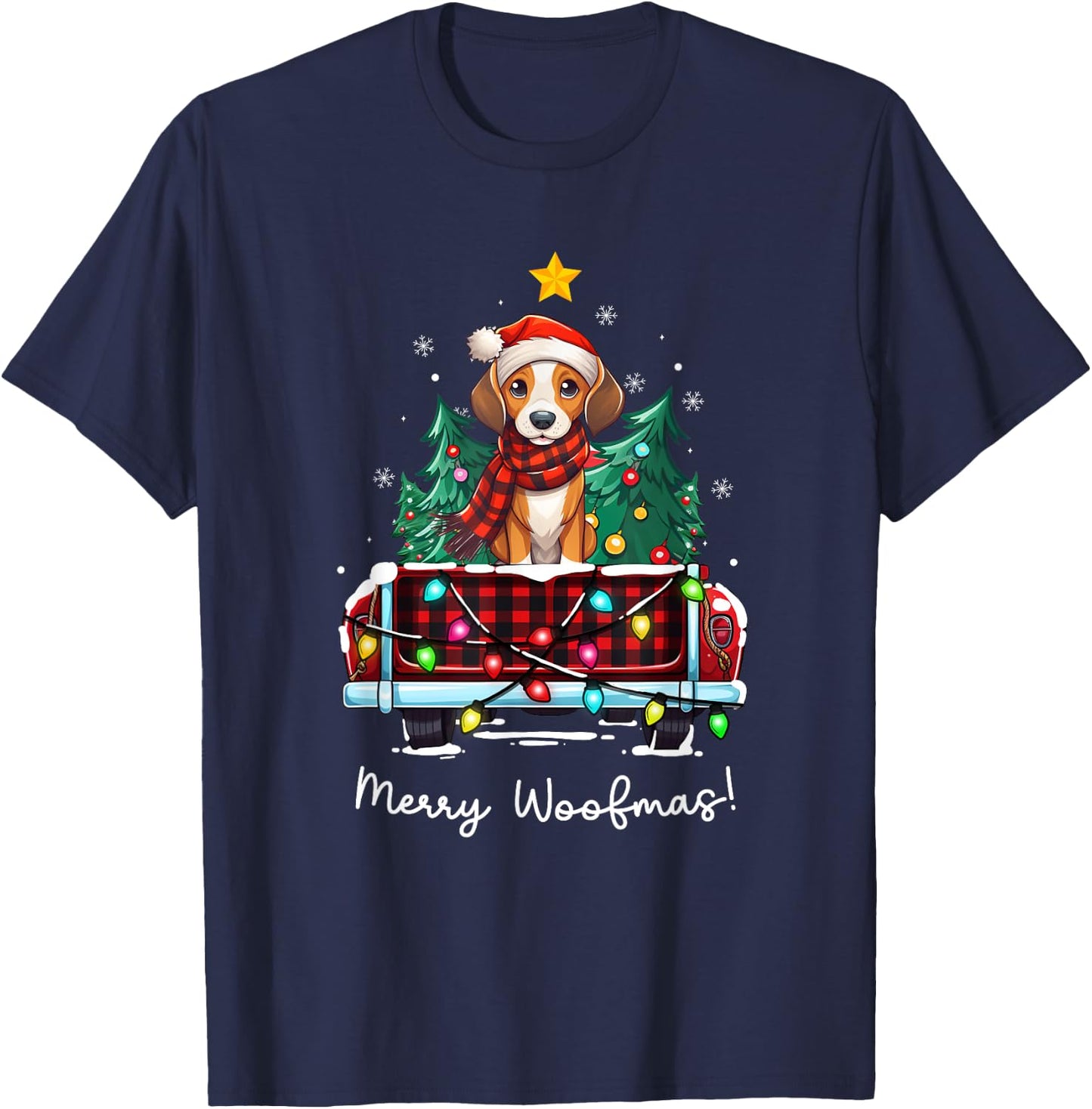 American Foxhound Christmas Dog Truck Plaid Funny Xmas Tree T-Shirt - T-Shirt | Navy